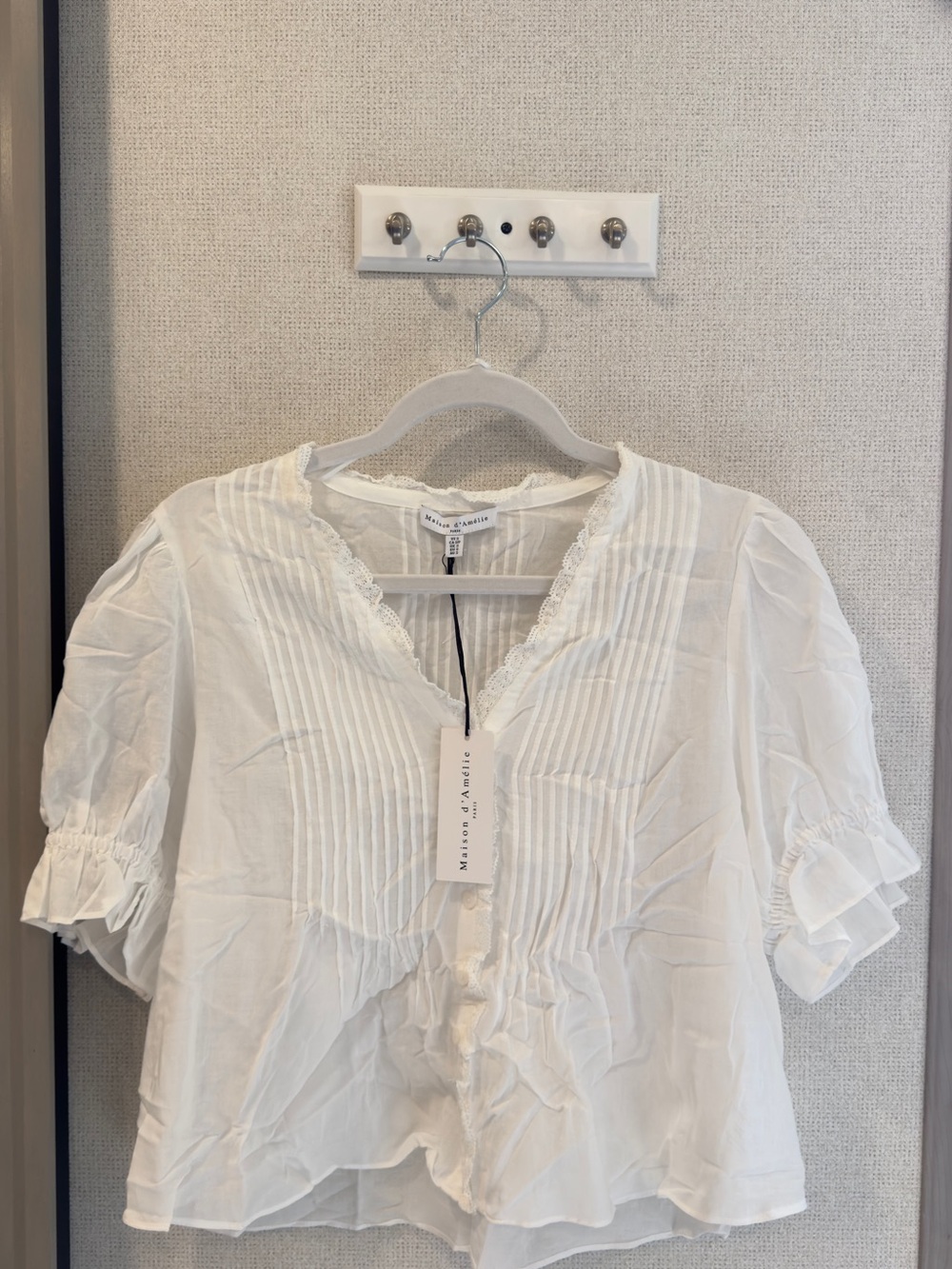 White Pintuck Lace V‑Neck Blouse